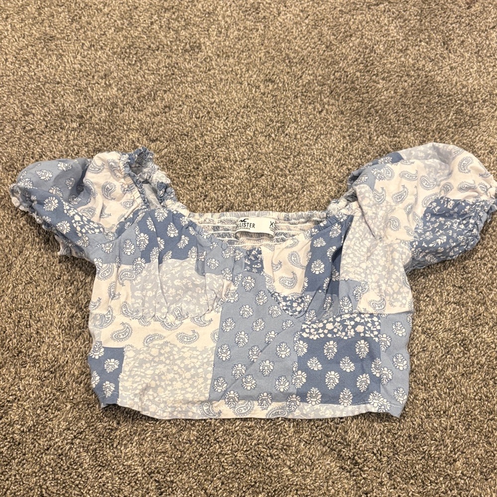 Hollister Blue and White Patchwork Crop Top